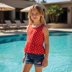 Girls Red White Polka Dot Peplum Tank Top Sleeveless Blouse Summer Shirt